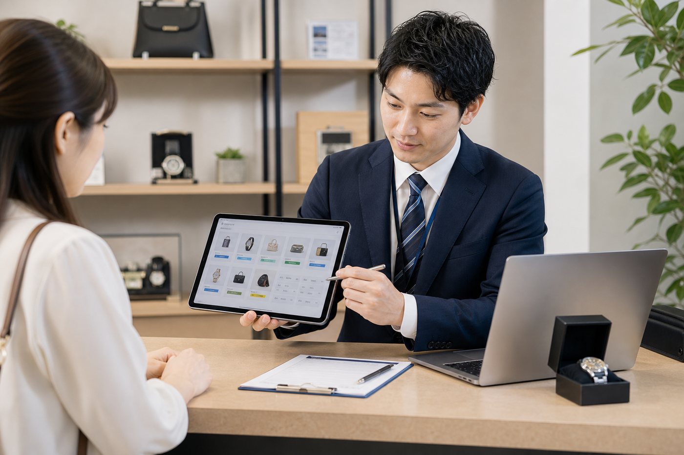 タブレットとノートPCで査定受付と入金状況を確認している買取査定業のカウンター風景
