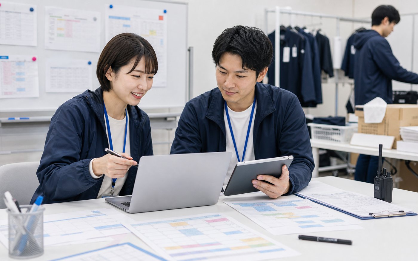 ノートPCとタブレットを見ながらスタッフ手配を確認しているイベント運営会社の打ち合わせ風景